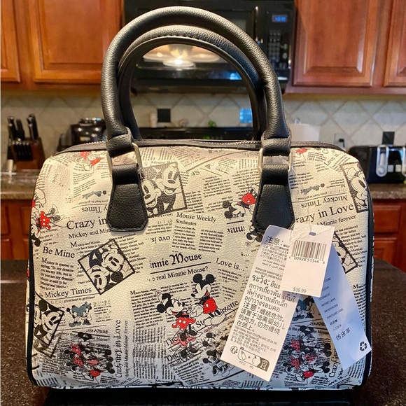 Walt Disney Minnie Mickey Mouse Crazy Newsprint in Love Satchel Women's HandBag - Picture 1 of 3
